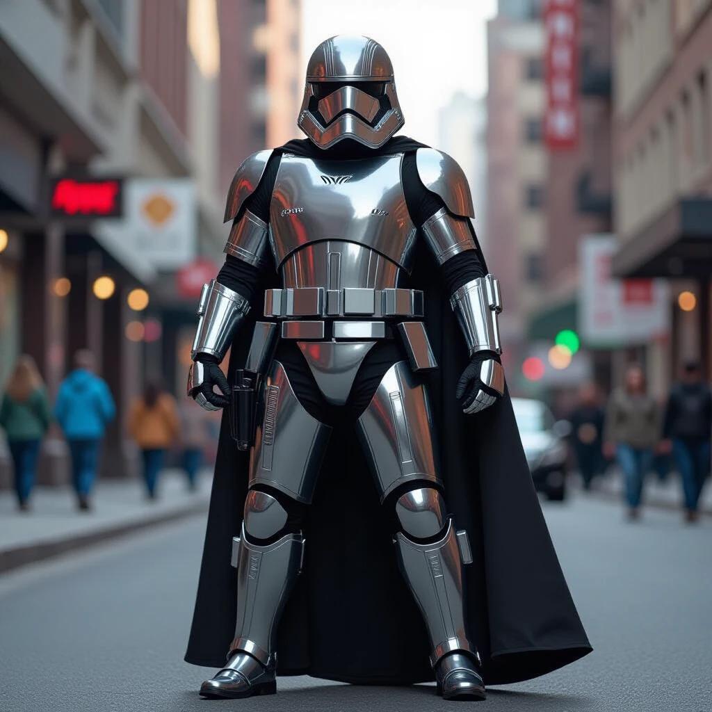 Character in shiny armor standing confidently on a city street. Figure has a star-like appearance, dressed in black cape and silver armor.