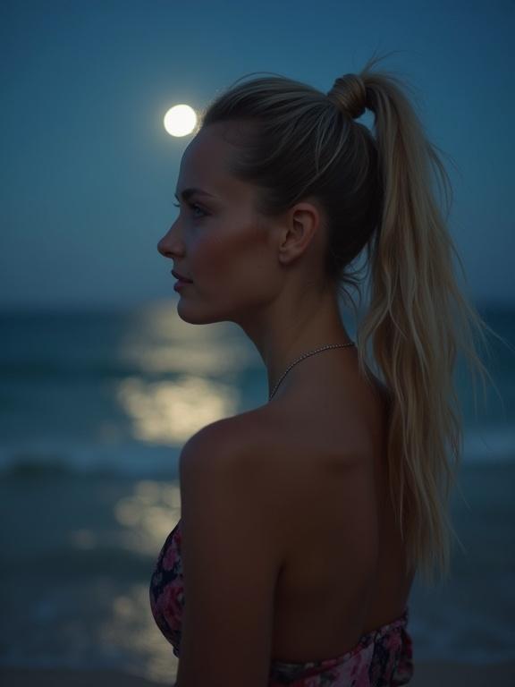 Portrait of woman with blond ponytail standing on the beach at night. Moonlight enhances her soft skin. Background features ocean waves.