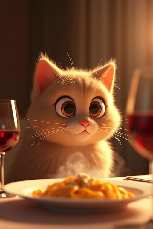A stylized scene in a Pixar 3D animated world. A fluffy beige cat with big eyes leans toward a plate of pasta on a dinner table. A glass of red wine glimmers next to it. Warm lighting dims to create tension, highlighting the cat's movement and a man's anxious expression. A poised woman with emerald eyes stands behind him. A slim young intruder lurks in the background. Warm and cold light contrast the escalating drama.