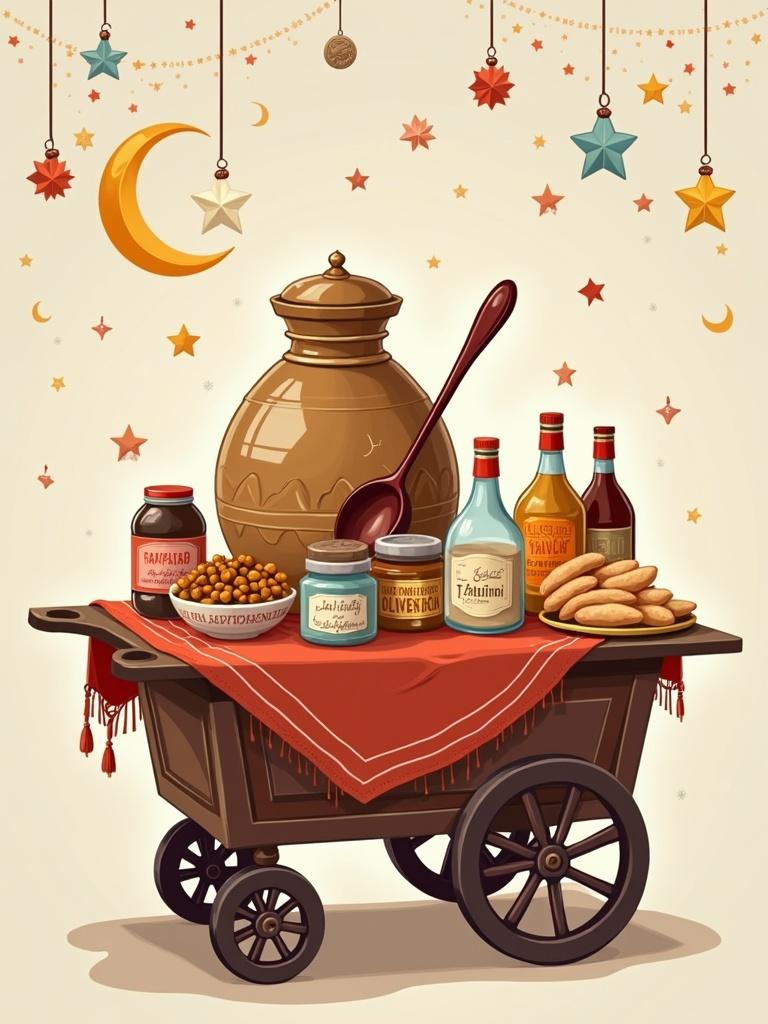 Illustration of a traditional cart with Ramadan-themed decorations. Includes various food jars and a fava bean jar with a spoon. Displays sauces and spices with stacked bread.