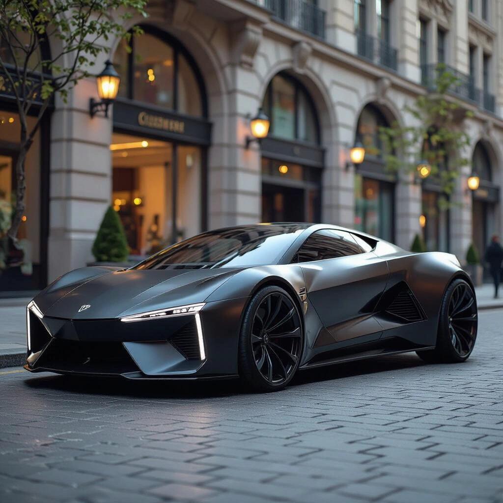 A parked futuristic funny car featuring angular design with a dual black tone. The photo shows deep grooves and a sleek body structure.