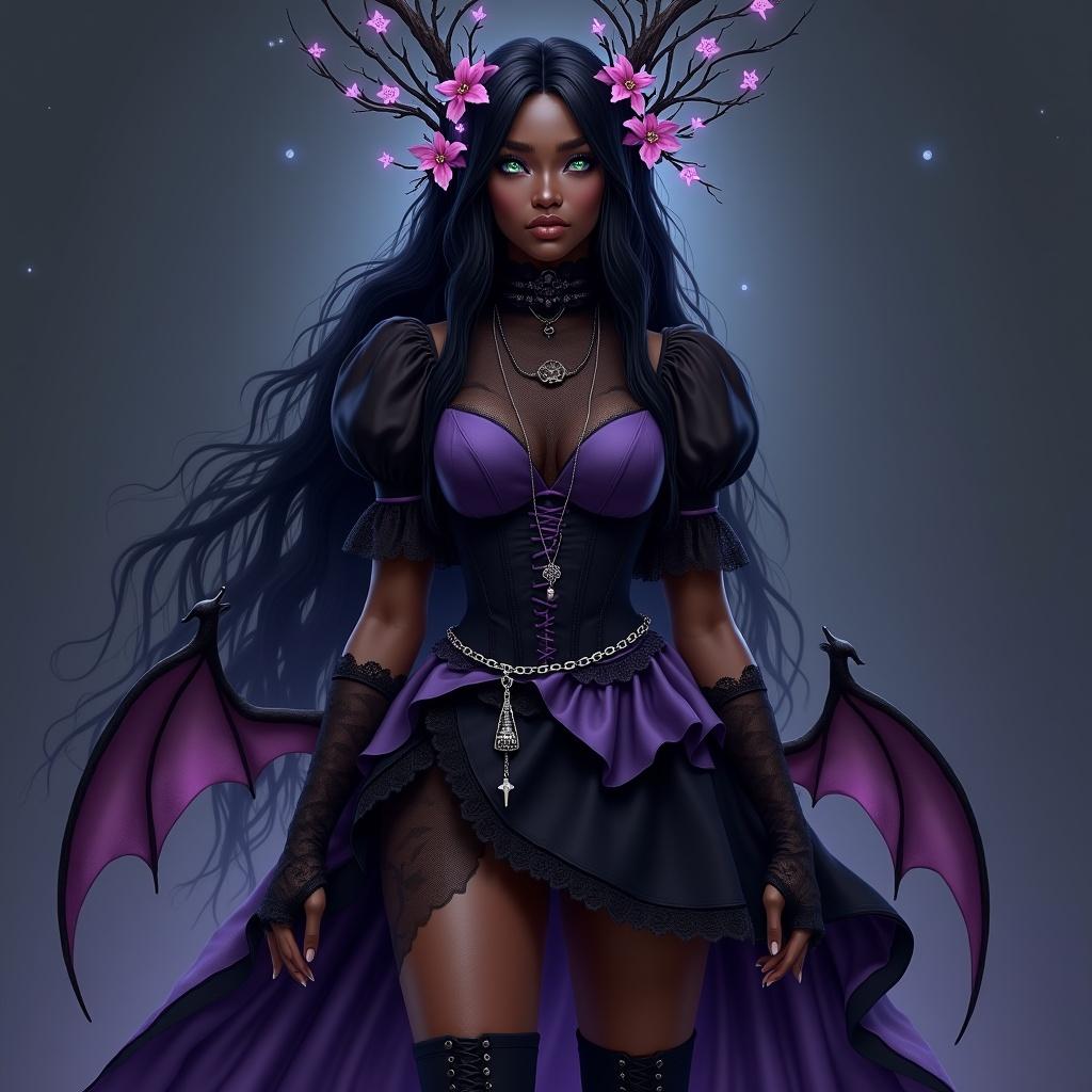 A dark skin woman symbolizes the night sky. Wears a delicate headpiece of twisted branches with glowing flowers. Bright luminescent green eyes sparkle like stars. Fitted high-collared blouse has sheer black fabric over a violet undershirt, with puffy sleeves. Flowing asymmetrical skirt combines dark lace and soft fabric in purple and black shades. Silver chain belt with tiny charms, fingerless gloves, and knee-high lace-up boots.