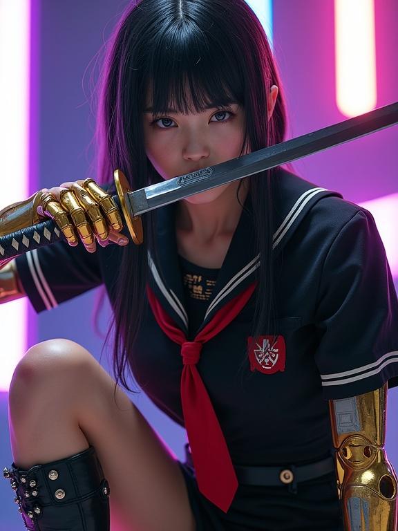 Photorealistic young woman with detailed facial features. Cybernetic arms and legs blend metal and flesh. Wears a black sailor uniform with red tie and emblem. Dynamic battle pose holding a katana. Cinematic lighting and blurred neon tubes create a cyberpunk atmosphere. Medium shot at a low angle for emphasis.