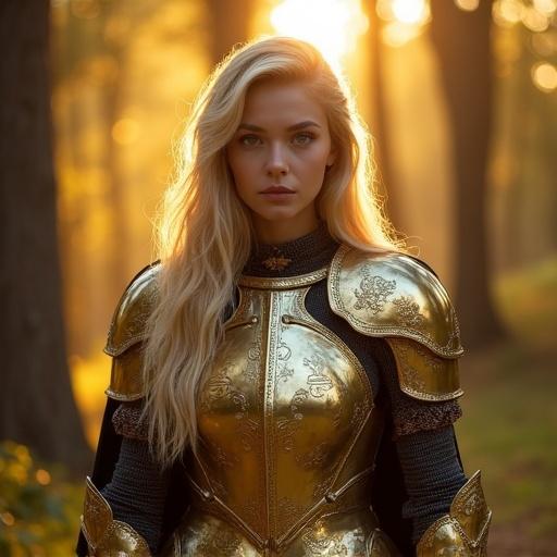 Woman standing in forest wearing golden armor. Long blonde hair with serious expression. Facing the camera in center frame. Warm golden light illuminating the armor. Ornate details on armor with slight cape. Soft-focus forest backdrop. Epic atmosphere with calm expression.