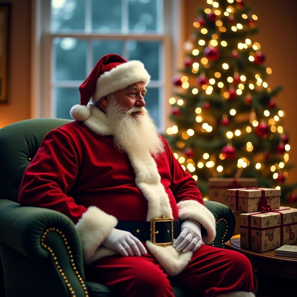 Christmas scene featuring Santa Claus with a magical ambiance. Cozy interior with decorations and presents. Warm holiday atmosphere.
