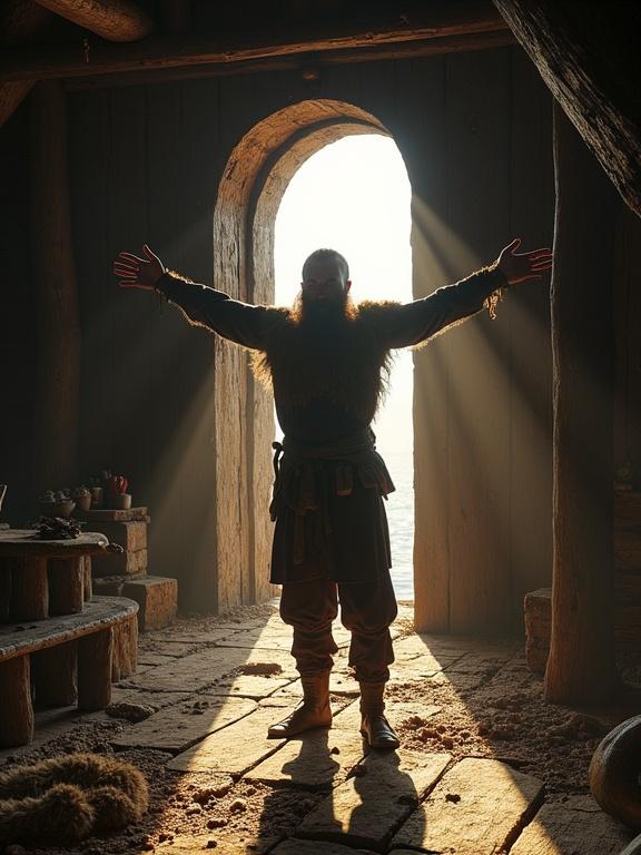 First-person view of a Viking warrior in a wooden longhouse. Sunlight filters through wall cracks. Warrior stretches arms feeling wool tunic. Hearth smoke fills air. Distant sounds of waves and chatter from warriors preparing for raid.