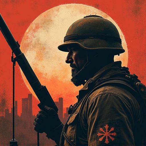 Image of a soldier facing a large red background symbolizing justice against terrorism. Soldier holds a weapon with determination, focusing on a strong facial expression.