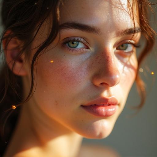 Generate an image of a girl's face with moist skin and inconspicuous makeup. Careless hair is styled naturally. Athletic body is depicted subtly. Include accents of fruits and drops of water in the composition.