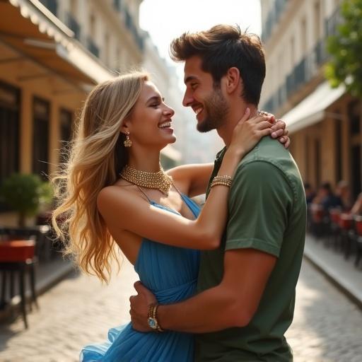 A joyful couple stands closely in a romantic Parisian street. Cobblestone paths and quaint cafes surround them. The girl wears a blue short dress with a gold necklace and bracelet. She has blonde hair and green-light blue eyes. The boy is in a green shirt and black jeans with brown hair. Both have smiling faces in a warm atmosphere. Iconic architecture forms the background. Realistic style is depicted.