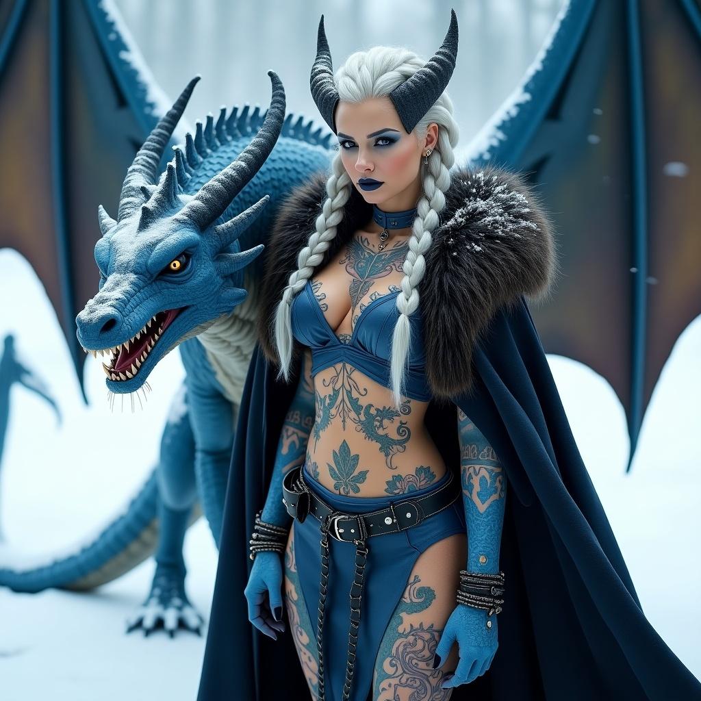 A fantastical scene features a half dragon woman with tattoos and gothic attire. She has long silver braids and dragon horns. A large blue dragon stands beside her in the snow. The setting includes a snowy environment with a fur-lined cloak and leather accessories. Dark makeup enhances her features.