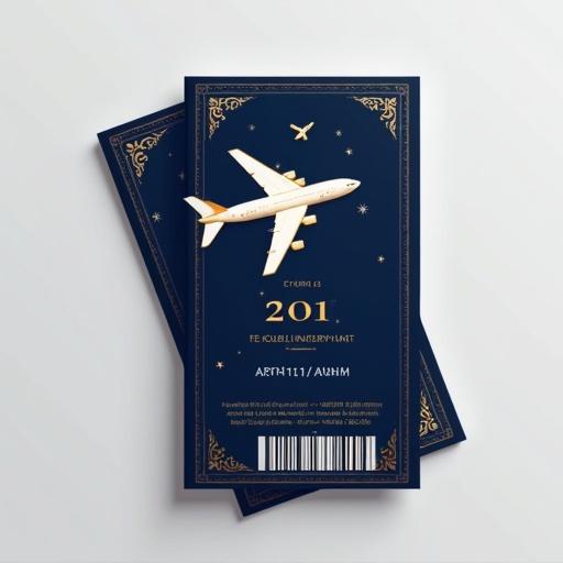 Navy blue background with white and gold accents featuring an airplane illustration. Elegant design for an airline ticket cover.