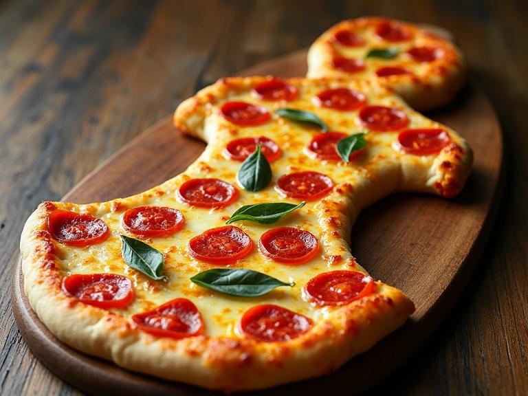 Pizza shaped like a woman's body with pepperoni and basil toppings on a wooden board.