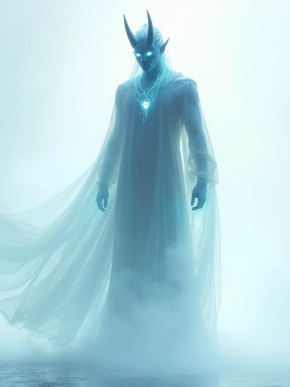 Full-body view of a male tiefling ghost with a spectral and semi-transparent ectoplasmic body. Faint glowing blue light emanating from within and translucent glowing horns on his head. Glowing translucent white hair styled in a high ponytail. Soft glowing eyes. Legs fade into mist. Wearing a semi-transparent flowing robe made of spectral mist that billows and fuses into fog. Ethereal form blending into a white background. Ghostly and intangible look. Soft focus edges with volumetric fog and subtle glowing particles.