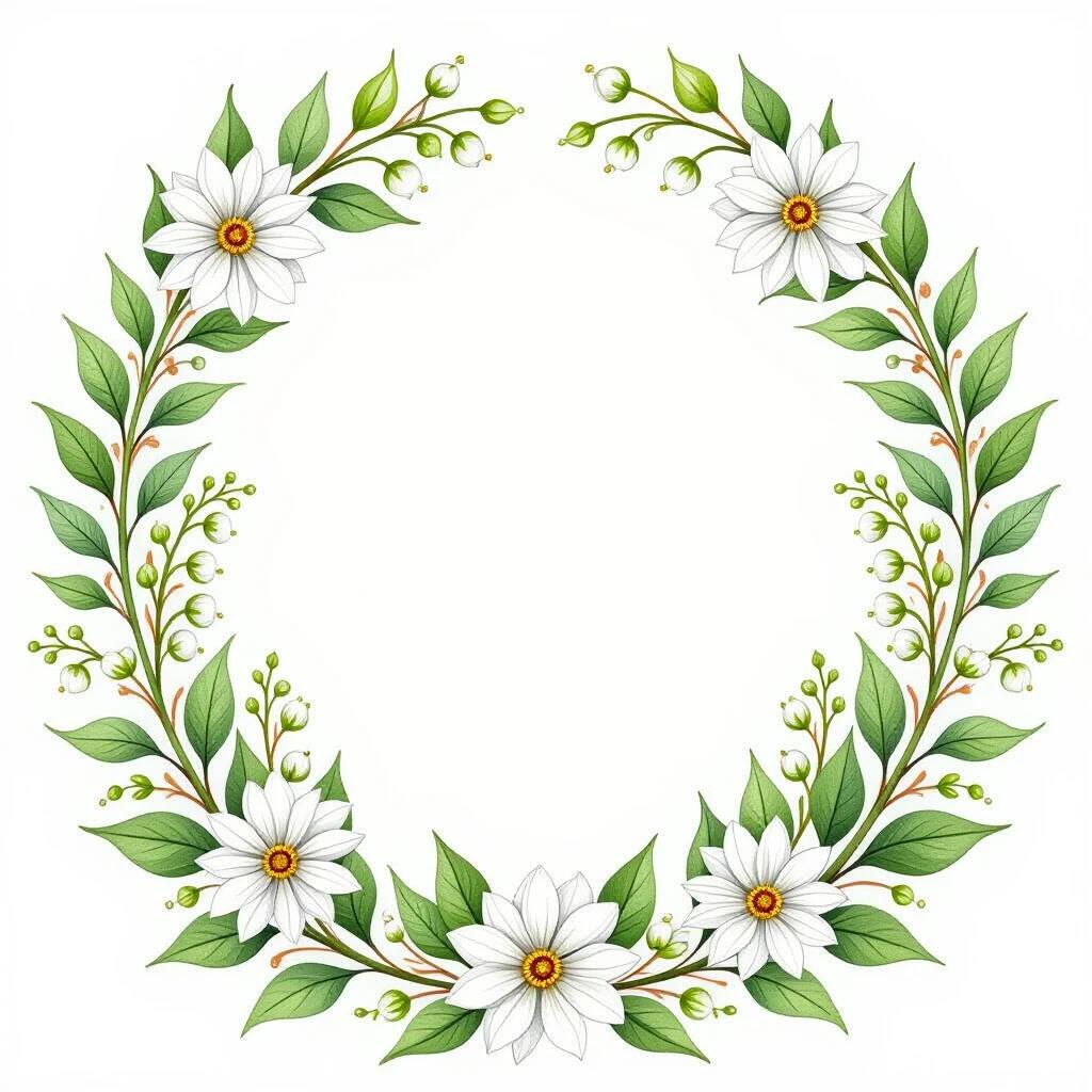 Watercolor art featuring delicate flowers arranged in a circular format. Design includes white daisies and lilies of the valley. Leaves are green providing a fresh look. Light romantic minimalist theme on a clean white background. The overall vibe is soft with bright and bold colors, emphasizing rich saturation and gentle watercolor strokes.