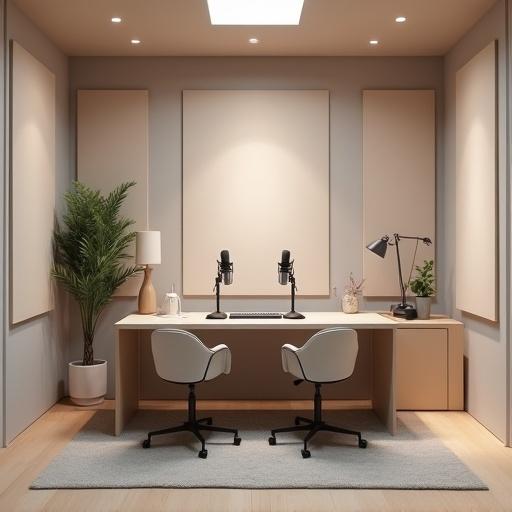 Interior of a minimalist podcast studio. Features clean desk equipped with professional microphones. Wall panels designed for sound absorption. Modern chairs positioned at the desk. Soft neutral colors create a calm atmosphere. Ideal for audio recordings. Organized and uncluttered design. Subtle lighting enhances the space.