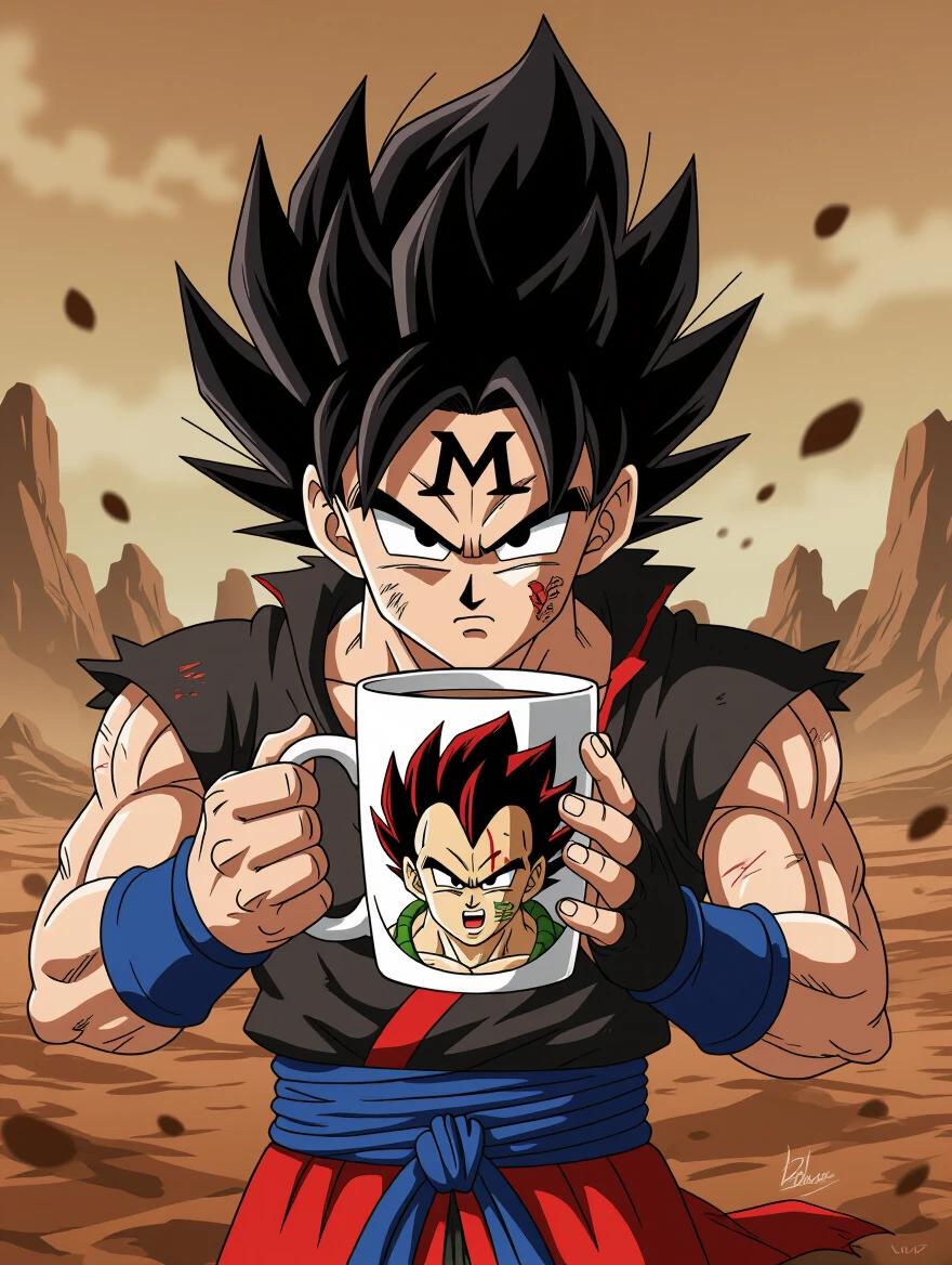 Fierce anime-style warrior with spiky black hair and M symbol on forehead holds coffee mug with his angry face. Desert background with dust and energy for DBZ vibe. Portrait 3:4.
