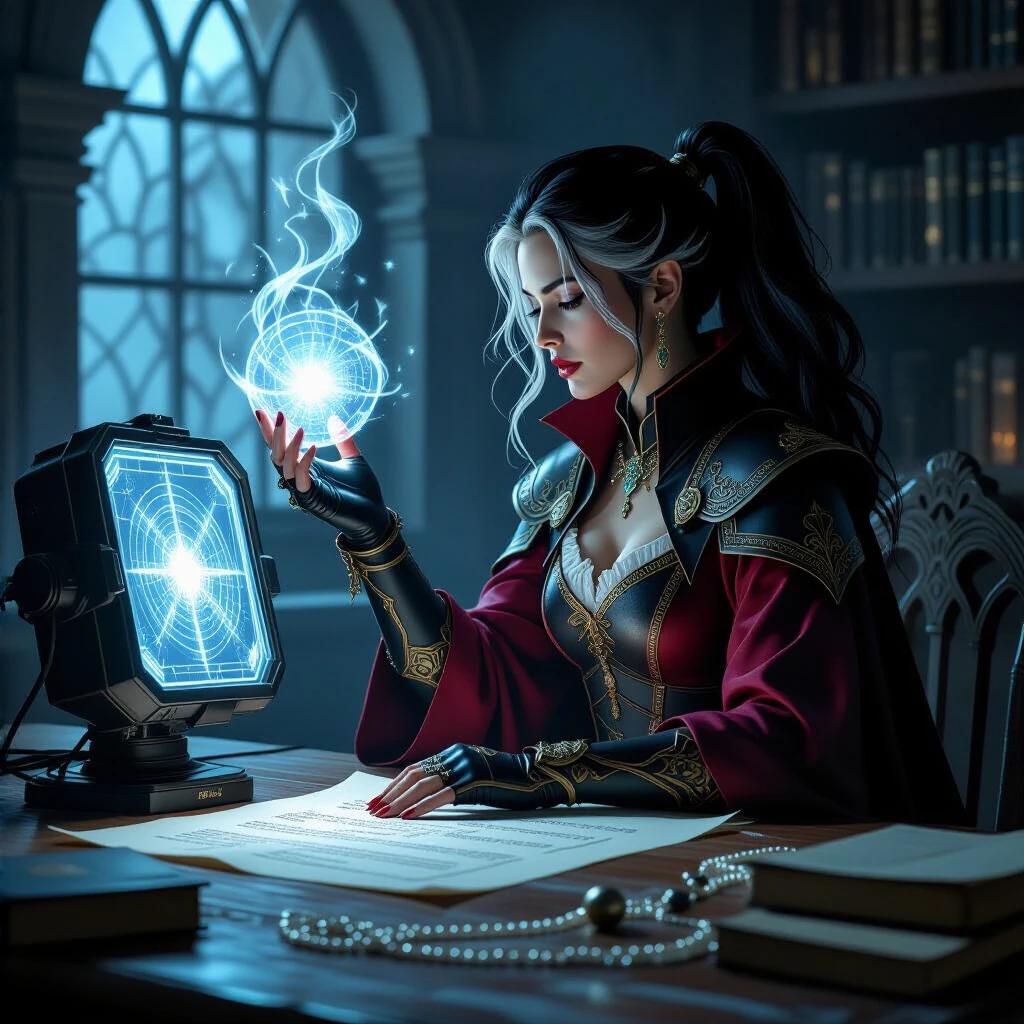 Dimly lit room features silhouette of a mage-woman. She has black hair. Wearing an obsidian-raspberry robe. High boots with ornate emerald-gold straps. Uses hologram from modernized web-like picture tube on her glove. Casting wind spell over colorful sheet of paper. Fluorescent optics shoot with golden haze. Forms mystical geometries. Wielding brush dipped in warm colors ink. Drawing serpentine river sign. Depicts majestic Asari-adept near waterfall. Shows steadfast quarian-Newfoundland dog with transparent body. Spaceship sailing through cosmic skies. Side view portrait in fused style of Mass Effect, Alphonse Mucha, and Celtic art.