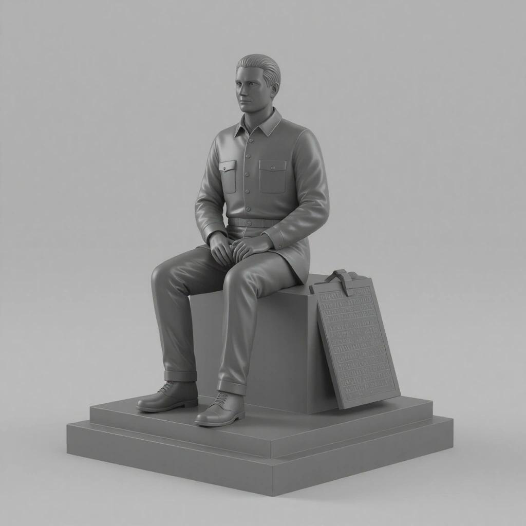 3D model of a statue representing Labour Day. A male figure seated wearing a buttoned shirt. A plaque stands beside him displaying text.