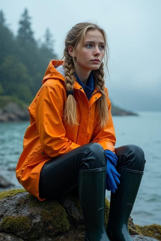 Teen girl with blonde pigtails sits on a cliff in an orange raincoat and black latex trousers. She gazes at the sea during a rainstorm. Clouds and forest surround her.
