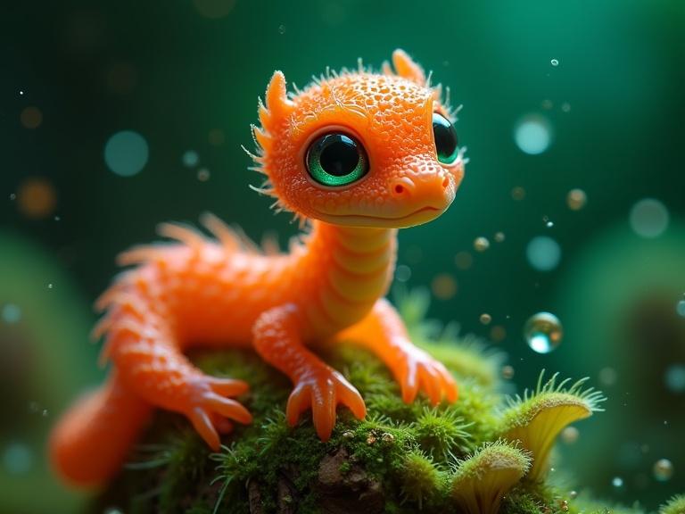 A cute, sweet, neon orange alien snake with big eyes sitting on a glowing mushroom. Background features bioluminescent flowers and vibrant colors.