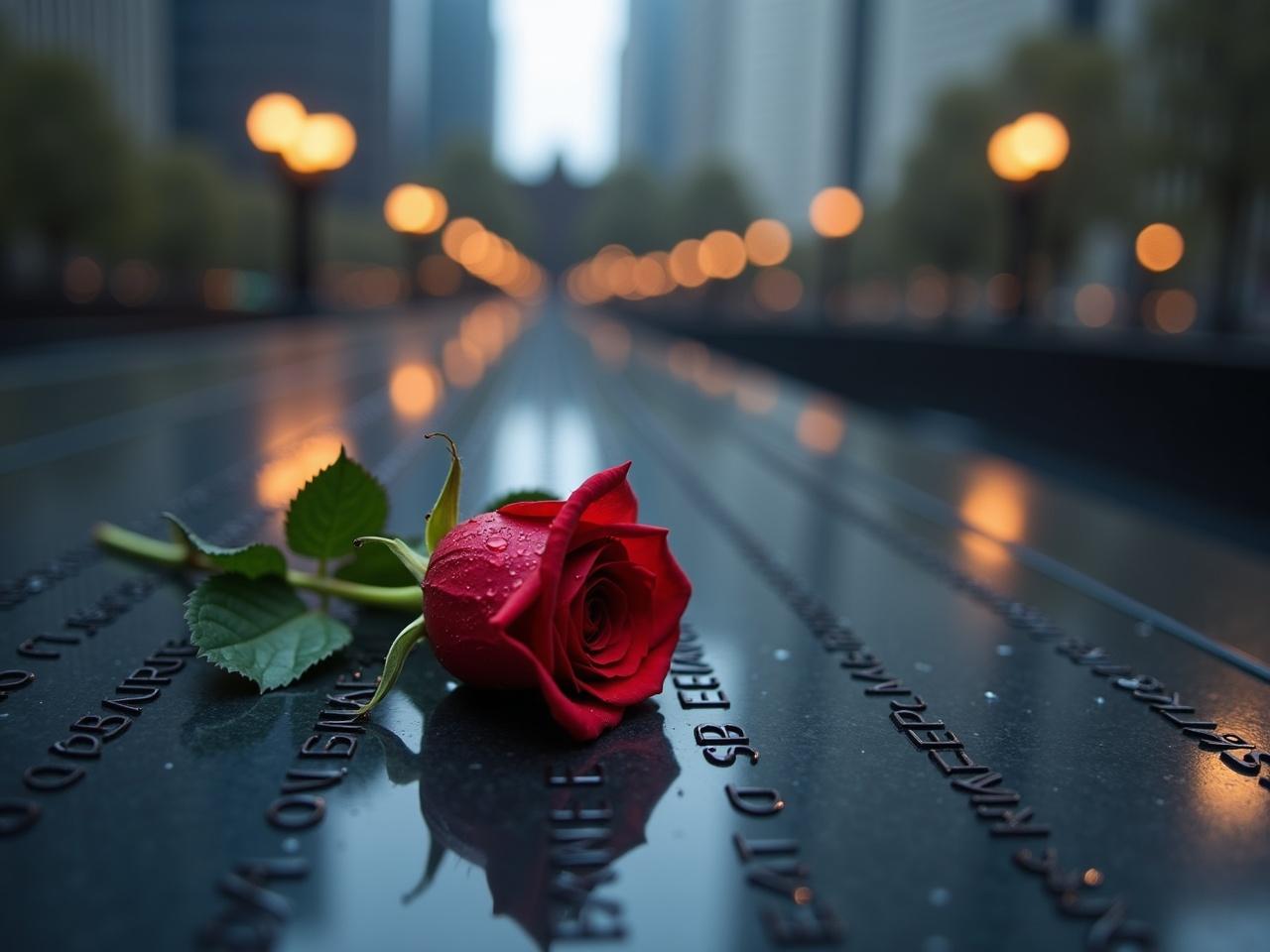 A single red rose rests delicately on a dark stone memorial. The memorial features inscriptions of names, some of which are partially obscured by the focus on the rose. Dew drops glisten on the petals of the rose, suggesting a recent rain. In the blurred background, you can see hints of a somber memorial park surrounded by tall buildings. Soft lighting from lampposts casts a warm glow, creating a peaceful yet reflective atmosphere.