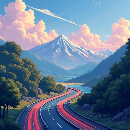 A picturesque winding road through lush green mountains and a serene lake. Colorful clouds fill the sky above the majestic peaks. The scene captures the beauty of nature in a vibrant, pixel art style.