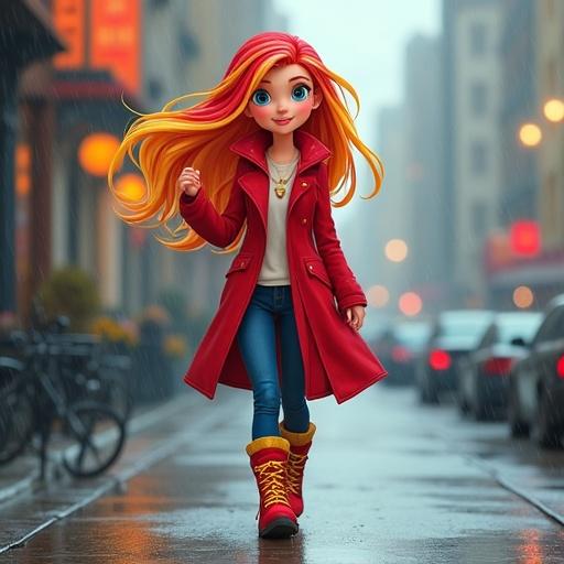 Cartoon girl walking on a rainy city street. Character has bright red and yellow hair. She wears a long red coat, blue jeans, and red knee-high boots with yellow laces. Background shows city buildings and bicycles. Mood is cheerful despite rain.