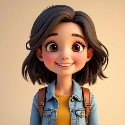 Create a 3D-rendered portrait of a young girl with a friendly smile. She has shoulder-length wavy dark brown hair and large brown eyes. She wears a light blue denim jacket and a mustard yellow top. The background is beige. The lighting is soft and even.