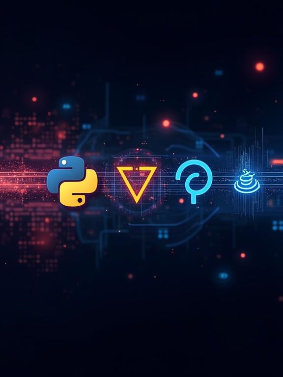 Create a digital background featuring programming languages. Use a dark-themed cyberpunk style with glowing accents. Integrate abstract tech elements like binary code and circuit board patterns. Include logos of programming languages into the design.