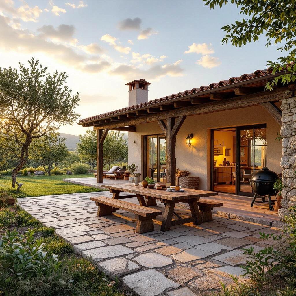Rustic single-story house on a 1000 square meter lot. Surrounded by a natural garden and stone paths. Architecture includes wooden beams and terracotta roof tiles. Natural stone walls and large iron-framed windows. Wide covered terrace with wooden table and grill area. Background features a small orchard and green lawn. Realistic lighting with warm sunset atmosphere. Soft shadows and highly detailed textures.