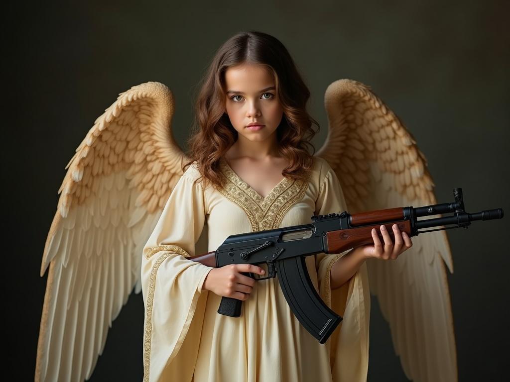 The image features a young female figure with light skin and wavy brown hair, dressed in a flowing, cream-colored dress adorned with gold embroidery. She possesses large, detailed wings resembling those of a bird, which are light brown and feature intricate feather patterns. In her hands, she firmly grips an AK-47 rifle, contrasting with her angelic appearance. The background is dark and muted, enhancing the dramatic lighting that highlights her serious expression and the glossy finish of the weapon.