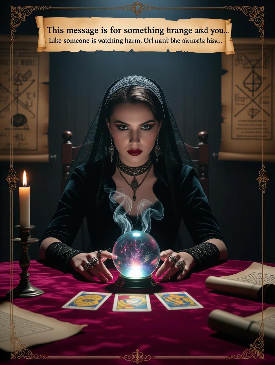 A female fortune teller in a dark room at a velvet-covered table. Tarot cards glow softly in front of her. Mystic smoke rises from a crystal ball. She wears a black veil and gothic rings. The ambiance is candle-lit with deep shadows. Ancient scrolls are in the background. Eye contact is intense. The composition is vertical and in TikTok video style.
