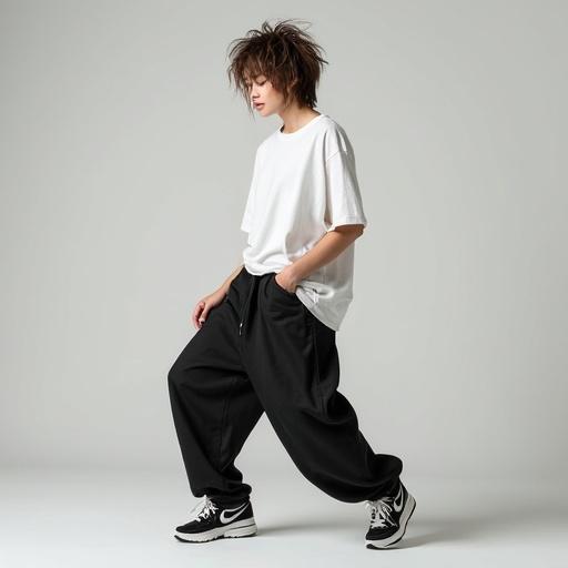 Action shot of a dancer wearing oversized clothing. She has an asymmetrical hairstyle. The outfit includes an oversized t-shirt and baggy pants. Black and white sneakers complement the look. She performs hip hop dance moves. She enjoys being the center of attention.