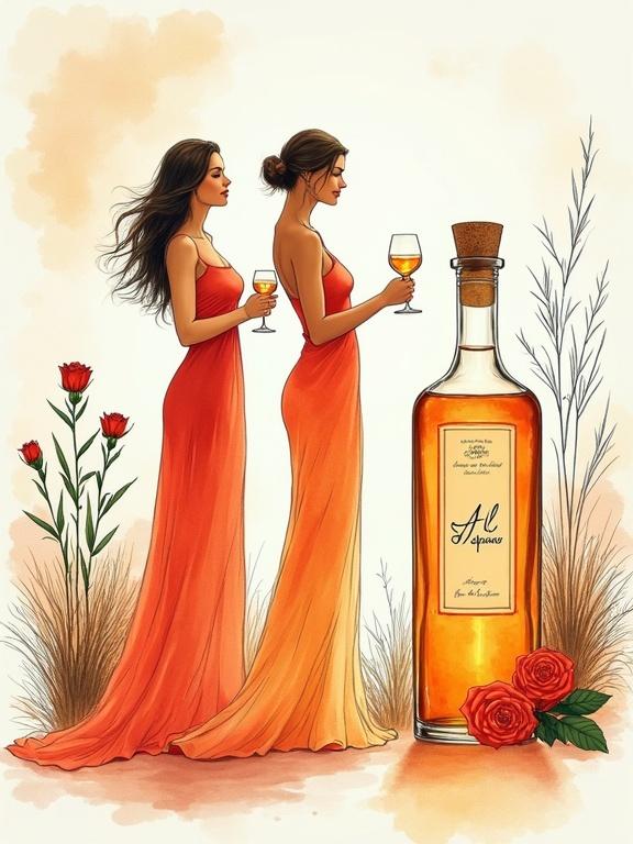 Minimalist line art drawing of two women in silky reddish dresses serenely engaged in conversation. They are toasting with cocktail glasses amidst a decorative backdrop featuring a stylish liqueur bottle. Botanical elements like roses and rosemary add charm. Atmosphere of luxury and elegance is evident.