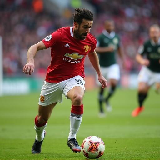 A football player in a red Manchester United jersey runs on the field during a match. The player is focused and in motion. The crowd can be seen in the background. The grass is green and the stadium is lively.
