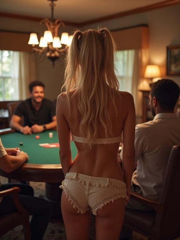 Blonde wife stands wearing booty shorts with lush twin tails. She has a beautiful face and a smile. She watches her husband play poker with his friends in a living room. The view is from behind.