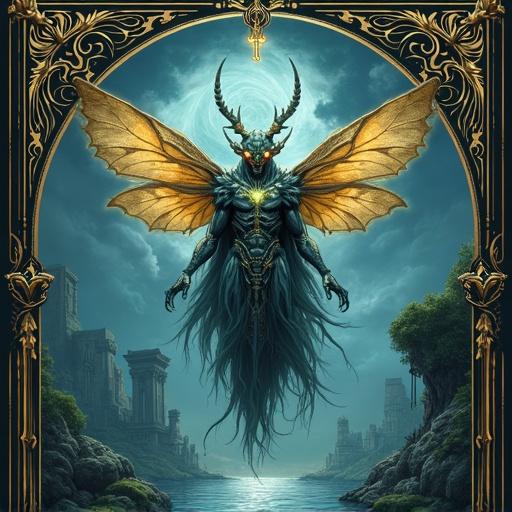 Ornate Tarot card design with a mystical frame. Central figure is a unique, glowing insect-like entity with glass wings. Dreamlike setting with floating ruins and mirrored lakes. Color palette features deep tones and glowing highlights. Mood is mystical and symbolic.