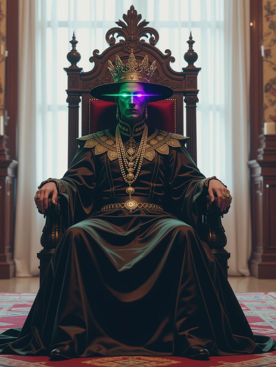 A regal figure seated on a throne wearing historical attire. The figure has vibrant neon colors in the face. The setting features a luxurious background with ornate details.
