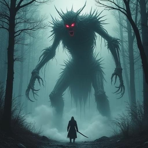 A Wraithborne creature emerges from the forest. It is tall and skeletal with glowing red eyes. Smoke trails from its limbs. A figure stands below, sword half unsheathed.