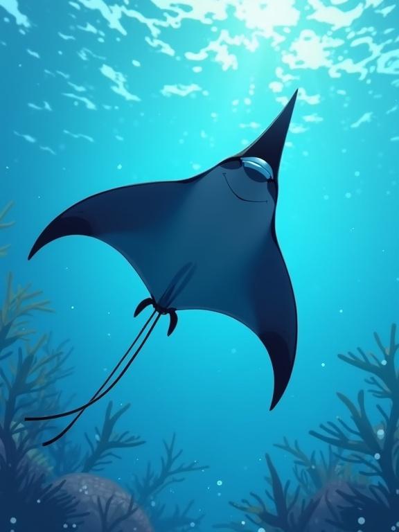 Create a clipart illustration of a manta ray. The manta ray has a friendly expression and is swimming gracefully underwater. Blue water and some corals are visible in the background.