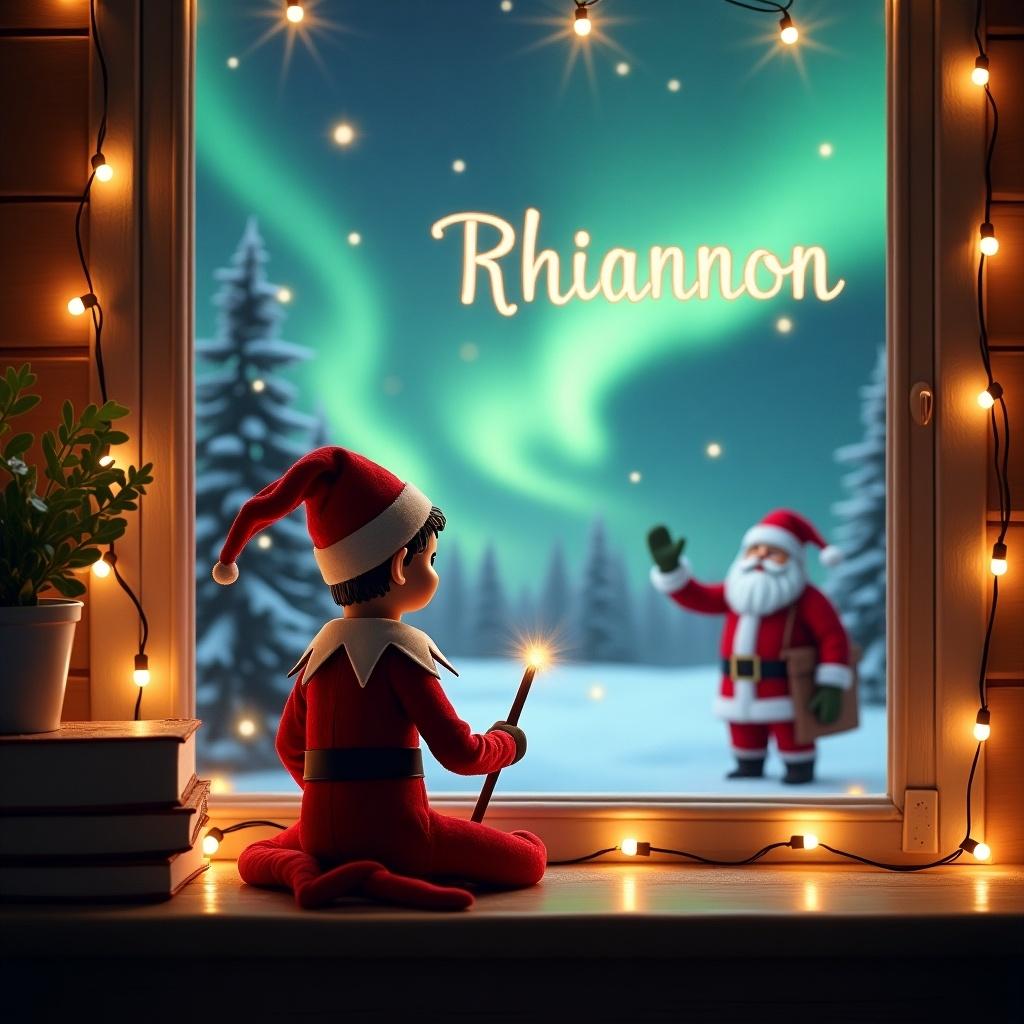 A cozy Christmas scene depicts an elf on the shelf, sitting with his back facing the viewer. He holds a wand and is writing 'Rhiannon' in the sky. Outside the window, a magical winter landscape unfolds, featuring sparkling northern lights and Santa Claus in the background. Warm lighting from string lights enhances the festive atmosphere. The elf wears a traditional red suit with a hat, embodying the spirit of Christmas. This enchanting scene captures the wonder and magic of the holiday season.