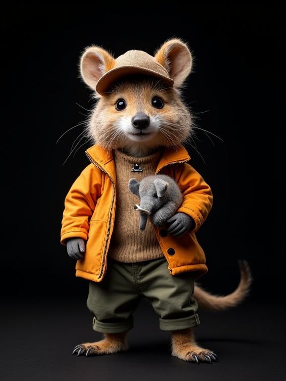 A quokka dressed in 1970s fashion with a charming smile. The quokka shows stylish outfit, fashionable pants, and a baseball cap. Companioned by a baby elephant, both in a whimsical pose. Setting features a black background for enhancement. Professional lighting showcases features and textures of the quokka in detail.