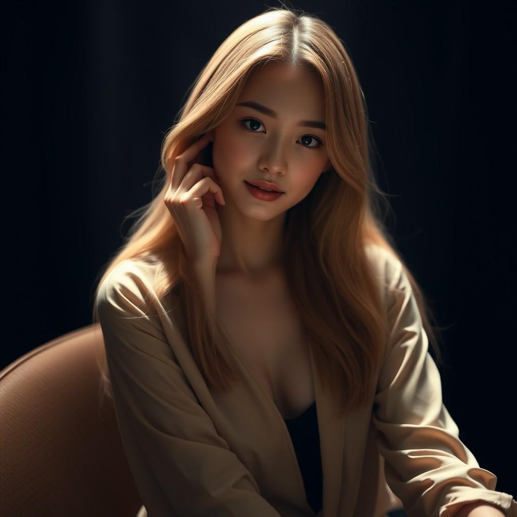 A woman with long hair poses gracefully in soft lighting, creating a serene and elegant ambiance.