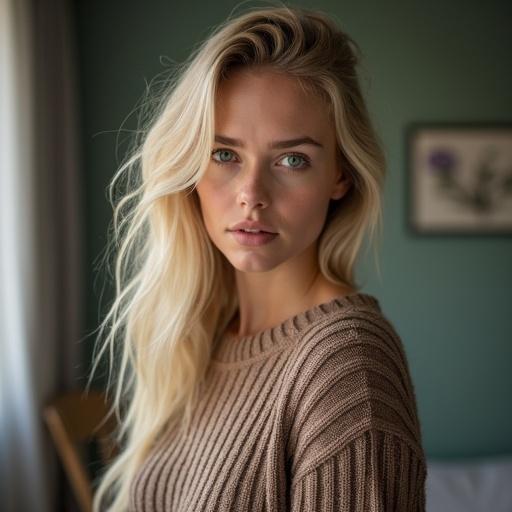 Portrait of a young woman with blonde hair and green eyes. She is wearing a ribbed sweater. The background is simple and natural, emphasizing her features.