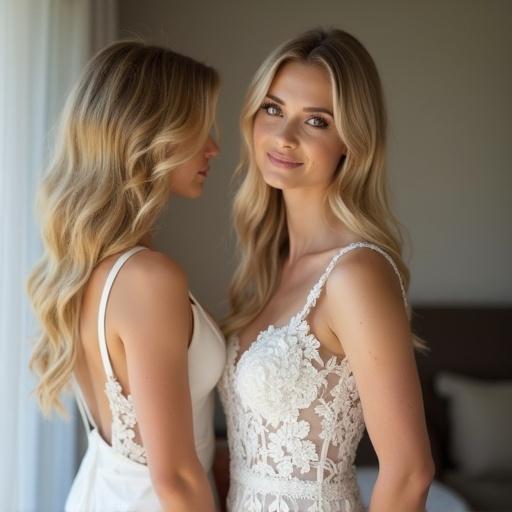 Attractive blonde lady smiling with a bride at a wedding reception. Both women are in elegant attire. The scene captures joy and celebration