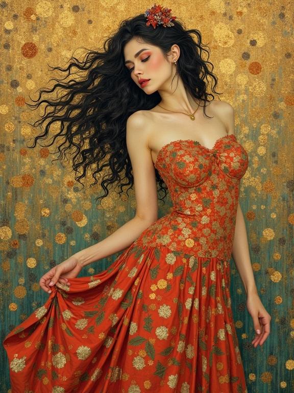 Lady in a beautiful red floral dress posing against a golden abstract background. Long curly hair. Elegant expression.