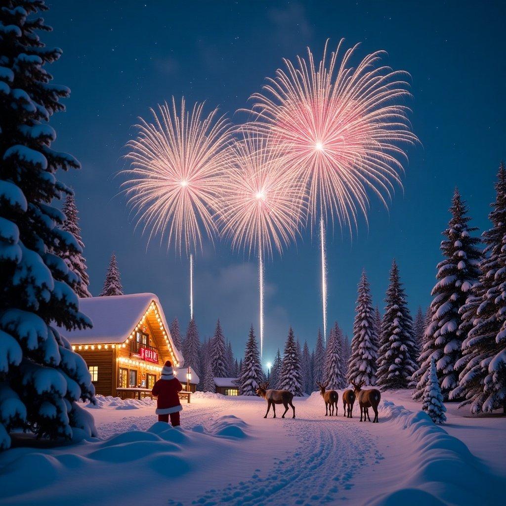 Snowy North Pole with twinkling lights at night. Vibrant fireworks spell Santa's name in the sky. Festive atmosphere with Santa's workshop and reindeer.