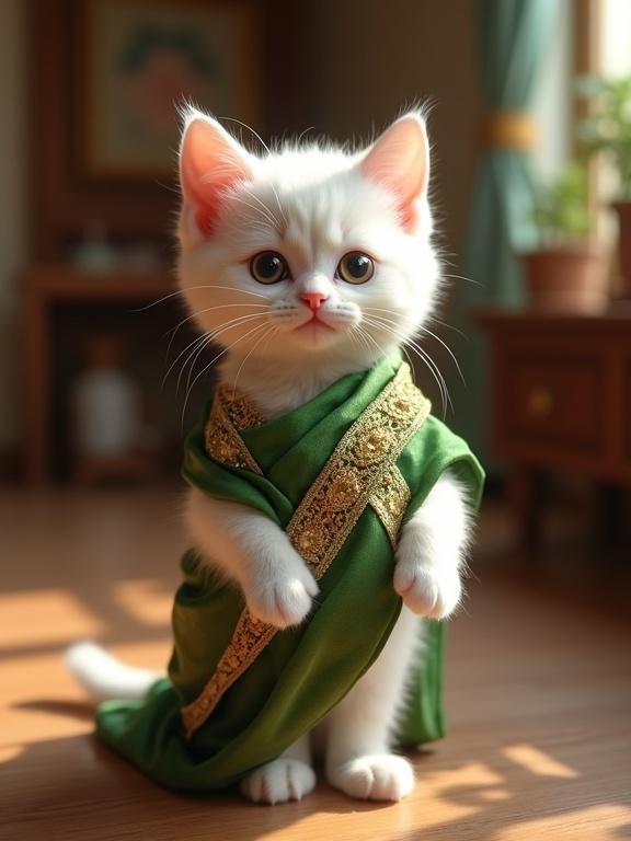 A cute white kitten stands wearing a green and gold embroidered silk saree in a cozy traditional room. The space has wooden floors and soft lighting.