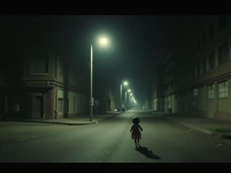 Grainy low-resolution video still shows a doll-like figure in a deserted urban street at night. Streetlights cast long shadows creating an eerie atmosphere.