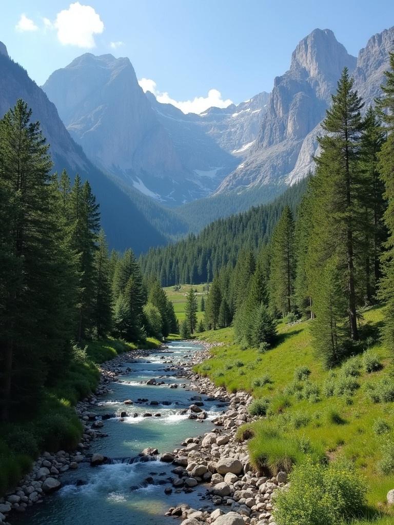 A beautiful natural landscape featuring a winding river, surrounded by lush green forests and majestic mountains in the background. Scenic view under bright sunlight enhances the tranquil atmosphere.